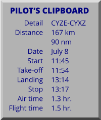 Detail   Distance  Date Start Take-off Landing Stop Air time Flight time CYZE-CYXZ 167 km 90 nm July 8 11:45 11:54 13:14 13:17 1.3 hr. 1.5 hr.      PILOTS CLIPBOARD