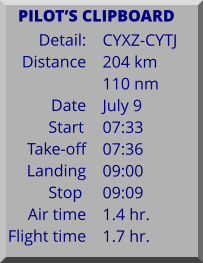 Detail:   Distance  Date Start	 Take-off Landing Stop	 Air time Flight time	 CYXZ-CYTJ 204 km 110 nm July 9 07:33 07:36 09:00 09:09 1.4 hr. 1.7 hr.      PILOTS CLIPBOARD