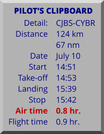 Detail:   Distance  Date Start	 Take-off Landing Stop	 Air time Flight time	 CJBS-CYBR 124 km 67 nm July 10 14:51 14:53 15:39 15:42 0.8 hr. 0.9 hr.      PILOTS CLIPBOARD