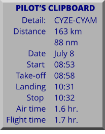 Detail:   Distance  Date Start	 Take-off Landing Stop	 Air time Flight time	 CYZE-CYAM 163 km 88 nm July 8 08:53 08:58 10:31 10:32 1.6 hr. 1.7 hr.       PILOTS CLIPBOARD